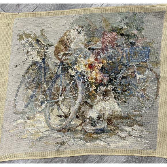 Vintage Needlepoint Canvas Completed Cats And Bicycles Handmade Art 22" x 28" - Picture 7 of 8